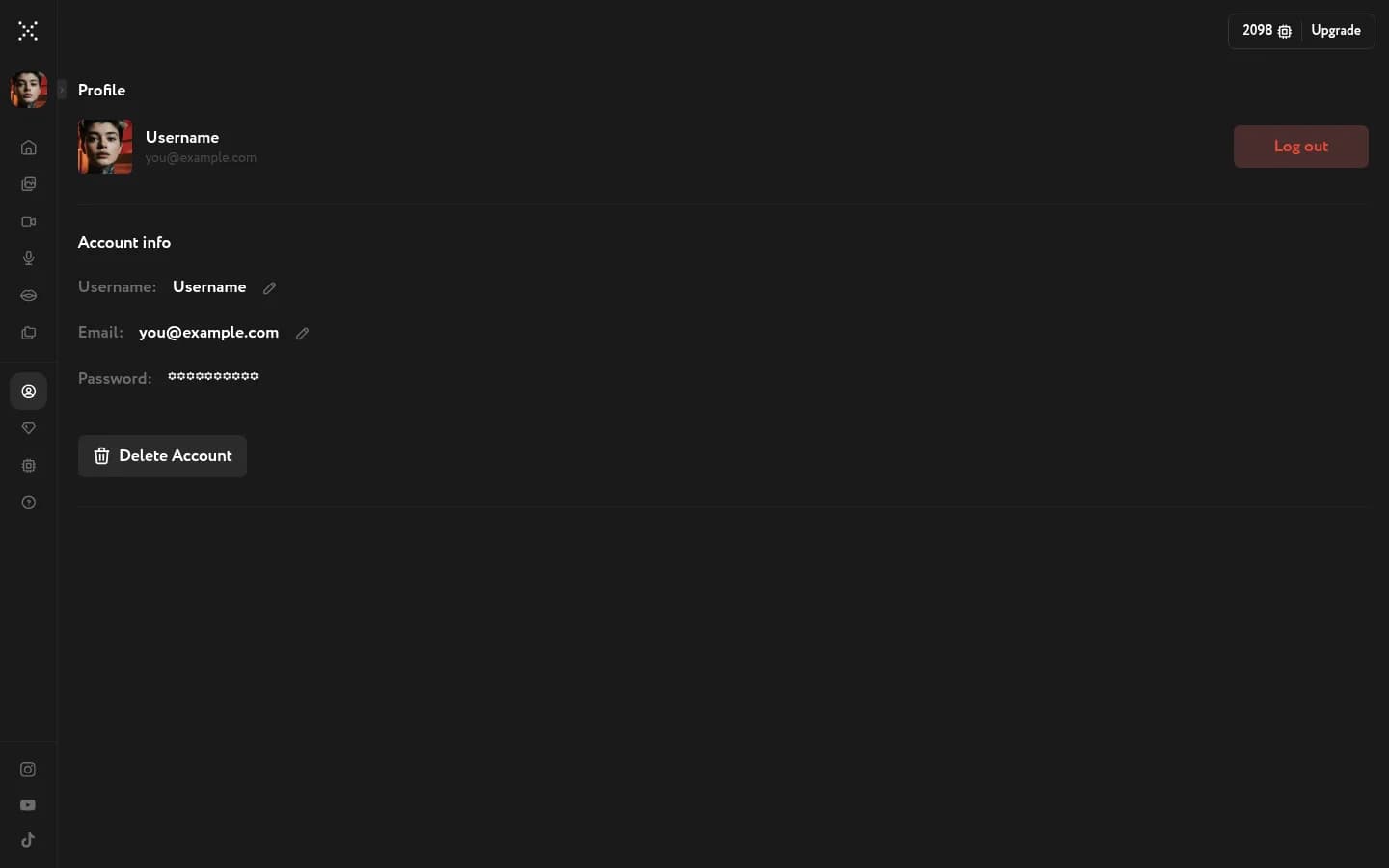 Workroom Profile page showing Account info with editable username and email fields, and the Delete Account button