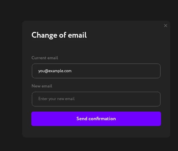 Change of email dialog with Current email pre-filled and an empty New email field