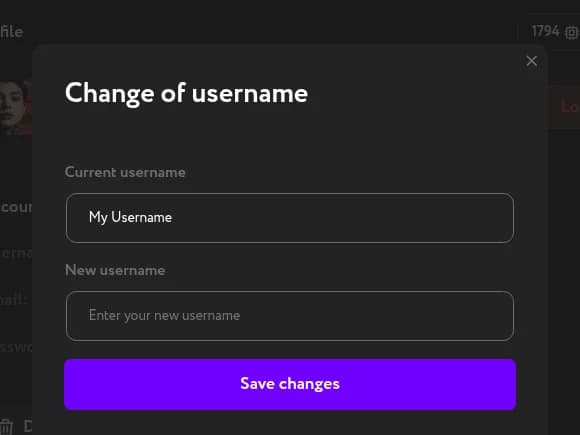 Change of username dialog with Current username pre-filled and an empty New username field