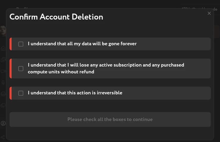 Confirm Account Deletion dialog with three checkboxes and a disabled confirmation button