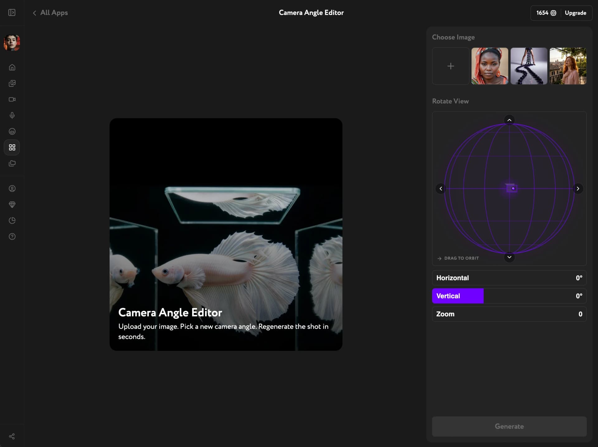 Camera Angle Editor — initial interface with orbit sphere and angle controls