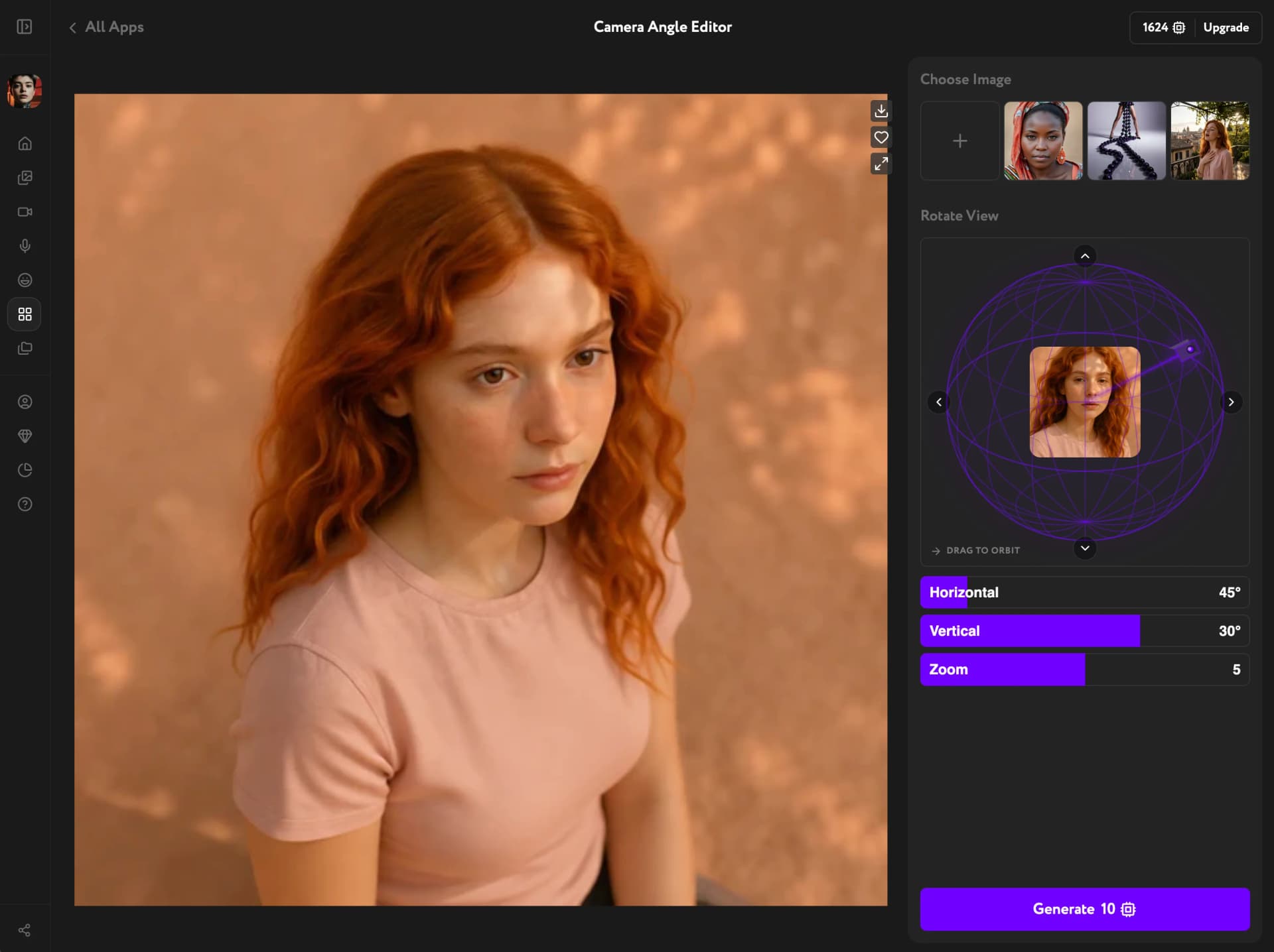Camera Angle Editor — generated result from a new perspective with controls visible on the right