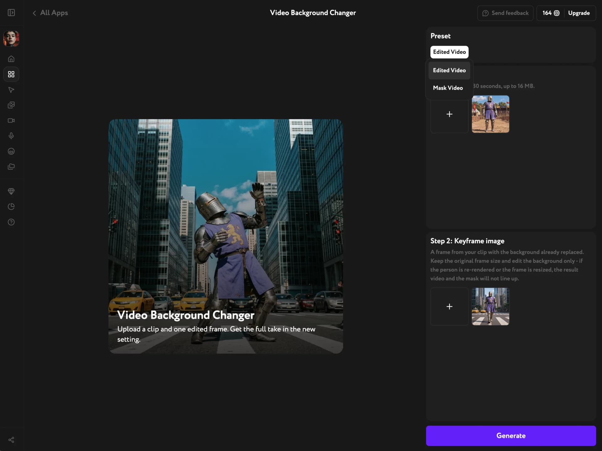 Edited Video preset with the source clip and the edited keyframe uploaded
