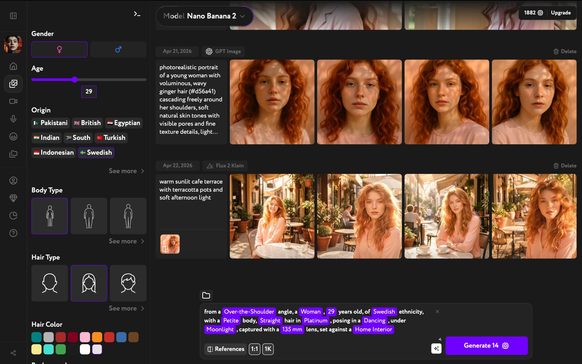Character Builder with all attributes filled in — assembled prompt visible at the bottom