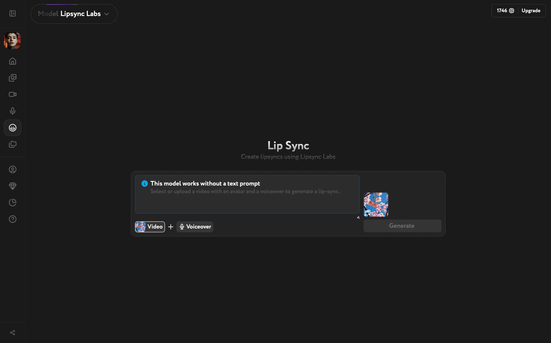 Lip Sync interface with the cherry blossoms video pre-loaded in the Video slot and the Voiceover button ready to add audio