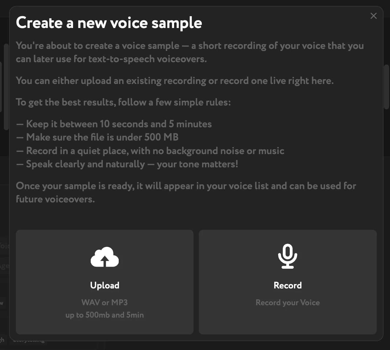 Create a new voice sample dialog with Upload and Record options and recording requirements