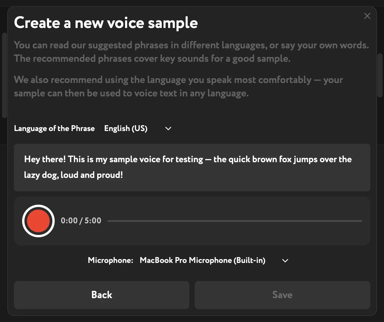 Record dialog with language selector, suggested phrase, and microphone access prompt
