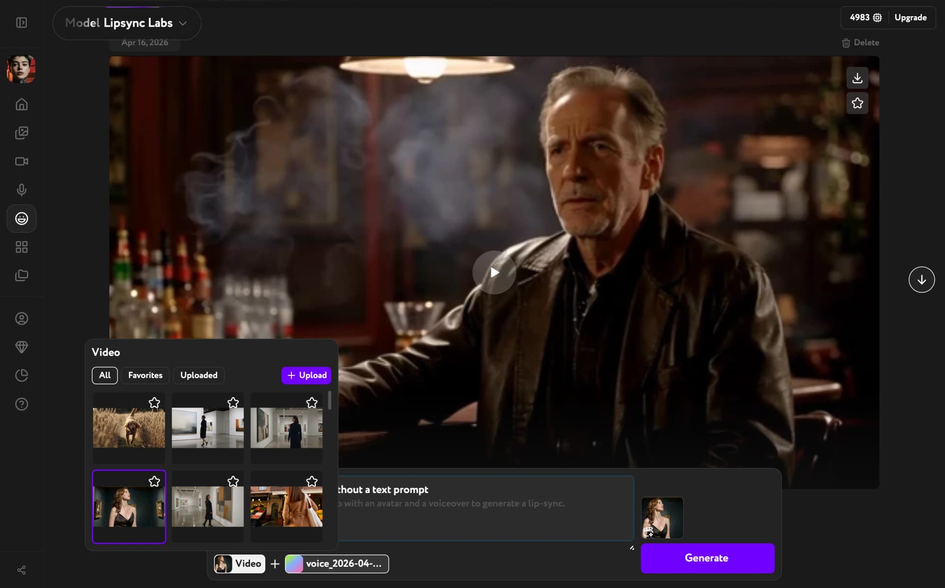 Control bar with both Video and Voiceover selected — Generate button active