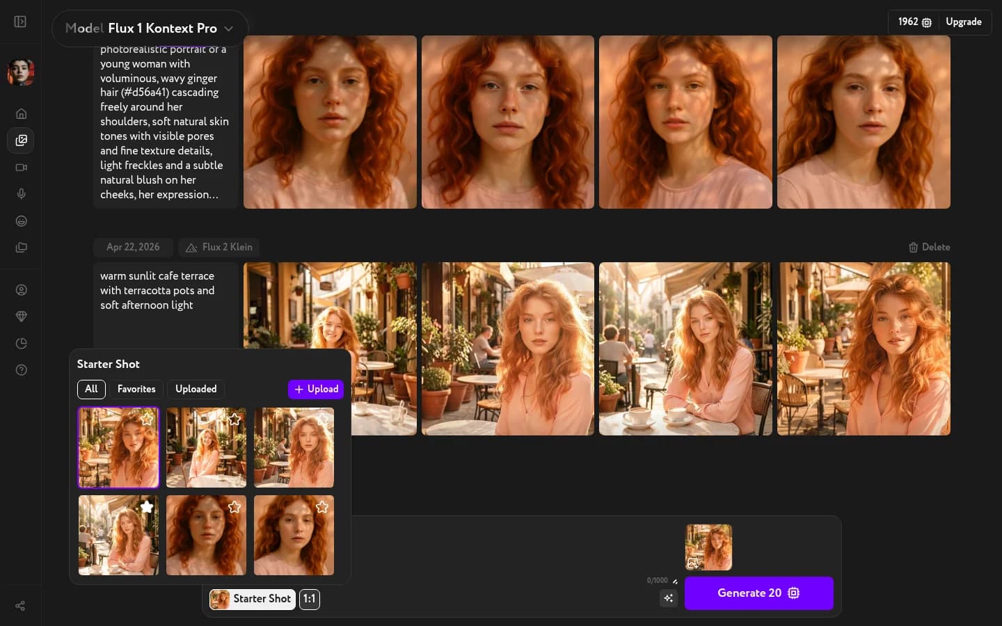 Starter Shot panel with an image selected