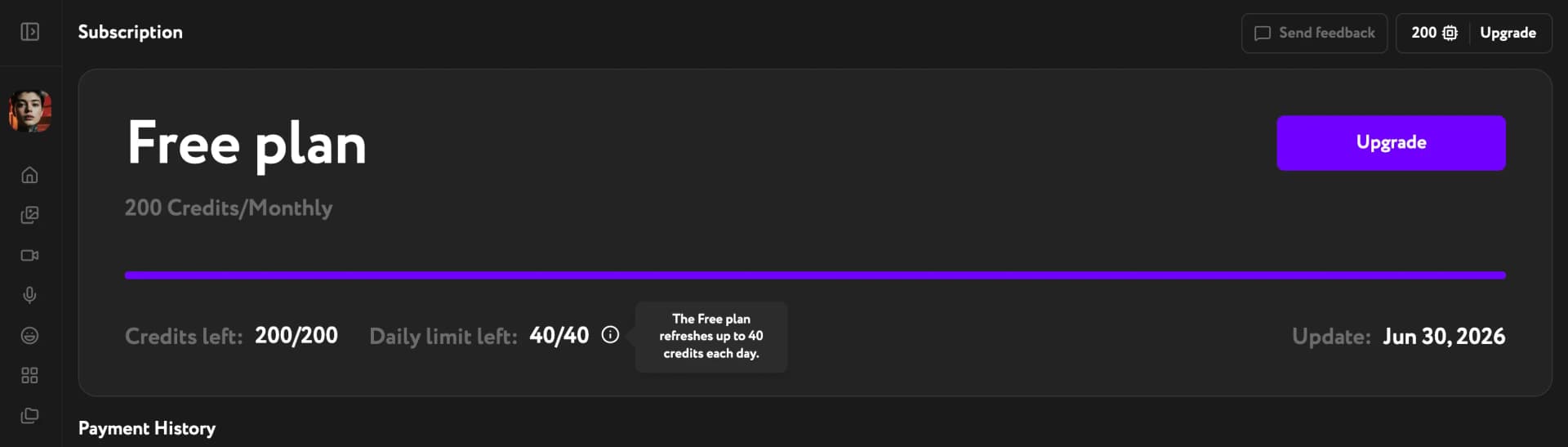 Workroom Subscription page showing the Free plan with monthly credits, daily limit tooltip, and renewal date