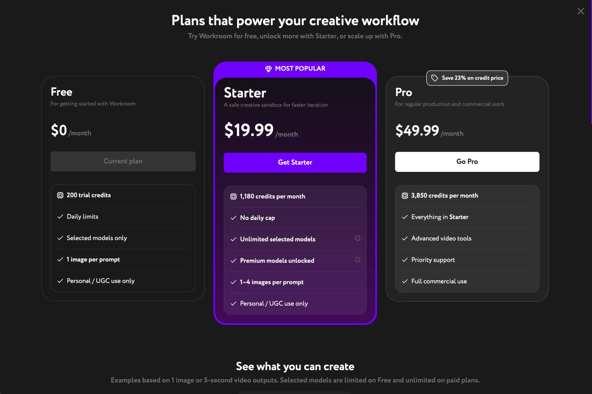 Workroom pricing page showing Free, Starter, and Pro plans with upgrade buttons