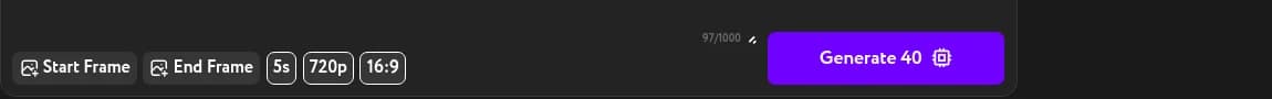 Cinema Motion control bar showing Start Frame, End Frame, 5s, 720p, 16:9, and a Generate 40 button