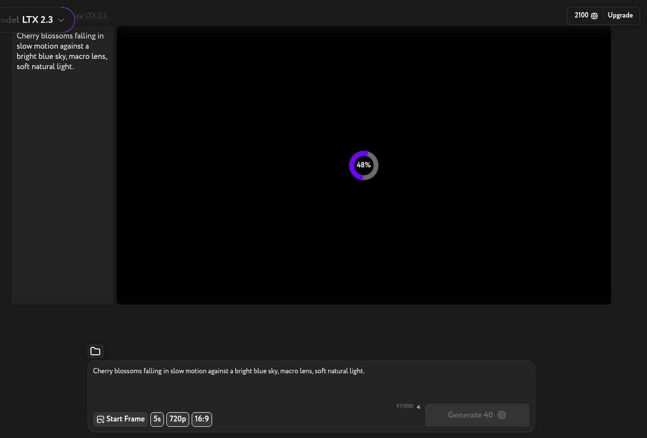 Cinema Motion during generation — black player area with a purple 48% progress ring, cherry blossoms prompt visible in left panel and textarea, Generate button grayed out