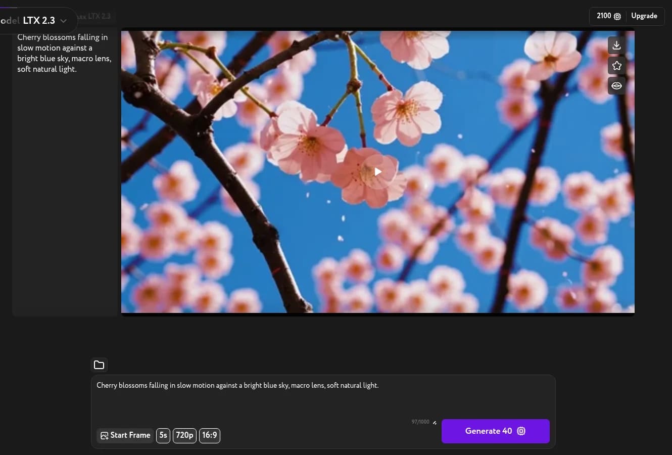 Cinema Motion showing a completed cherry blossoms video — pink flowers against a bright blue sky — with Download, Add to favorites, and Compose action buttons visible in the top-right corner