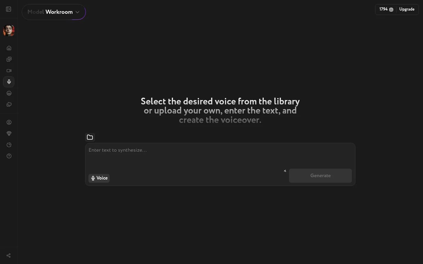 Voice Studio with Workroom model selected, empty text area, Voice button, and Generate button