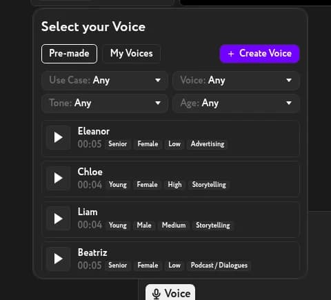 Voice library open — Pre-made tab with filter controls and voice list showing Eleanor, Chloe, Liam, Beatriz