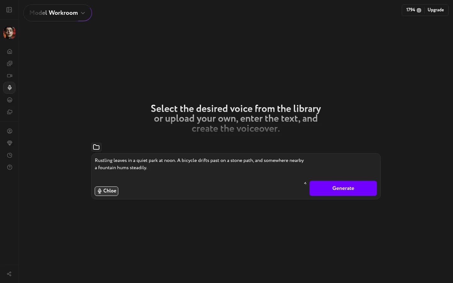 Voice Studio with Chloe selected, script filled in, and Generate button active