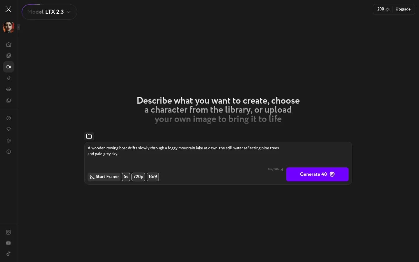 Workroom Cinema Motion editor with LTX 2.3 selected, a filled prompt about a rowing boat on a foggy mountain lake, and controls for Start Frame, 5 seconds, 720p, 16:9, plus a purple Generate 40 button