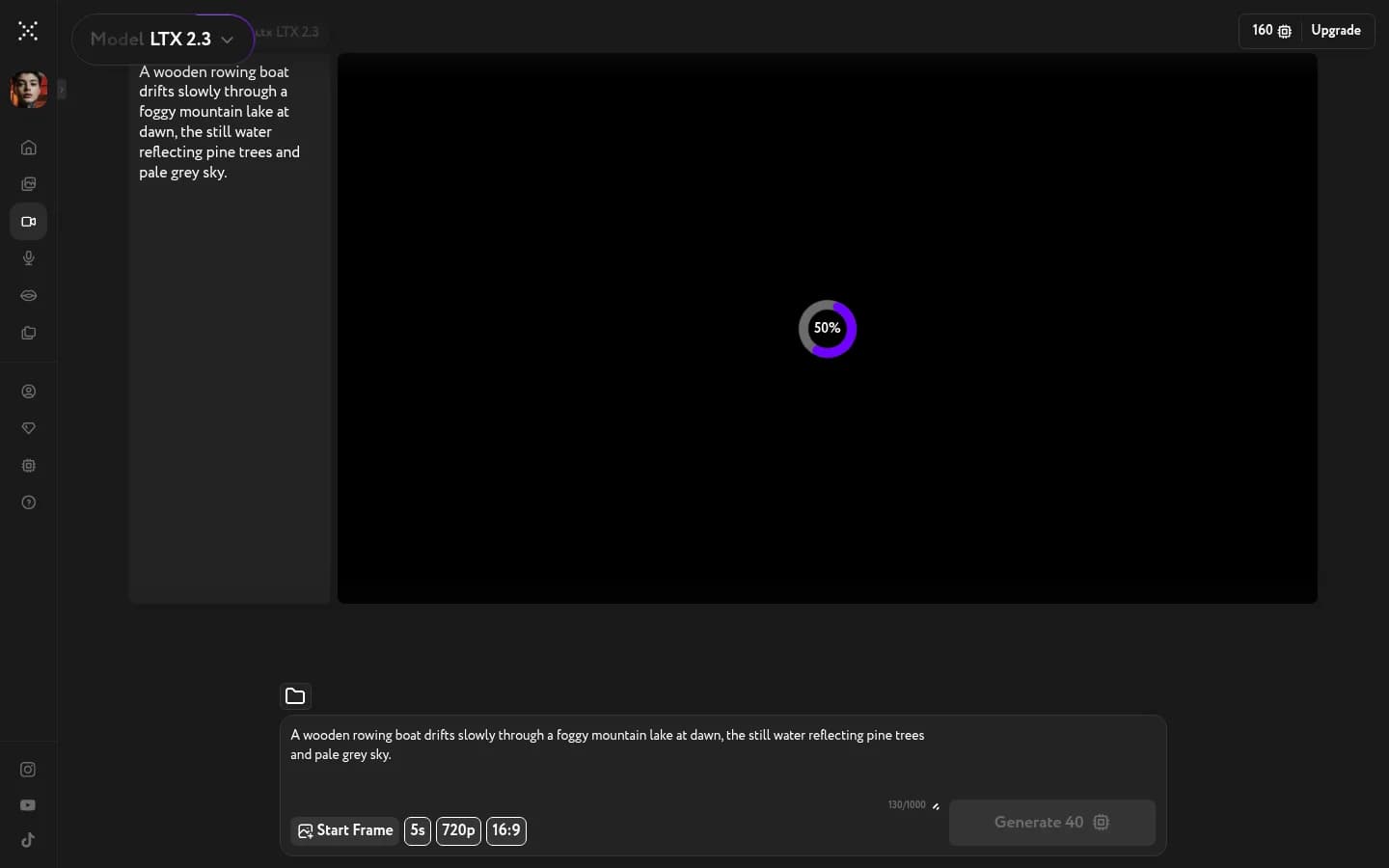 Workroom Cinema Motion in the middle of generating a video — a dark player with a purple 50% progress ring, the prompt visible on the left, and the balance showing 160 credits after the 40-credit deduction