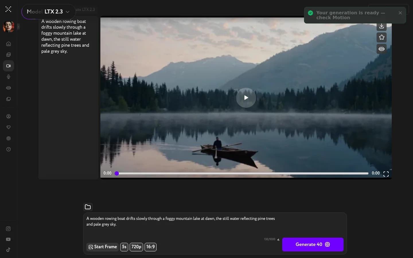 Workroom Cinema Motion showing the finished video in the player — a wooden rowing boat on a foggy mountain lake — with a success toast "Your generation is ready — check Motion" and download controls