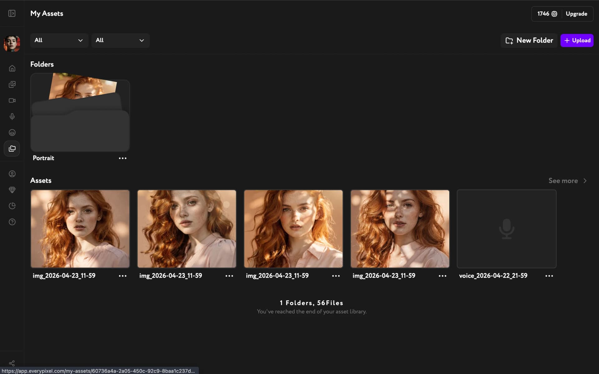 My Assets page showing Folders section and assets below