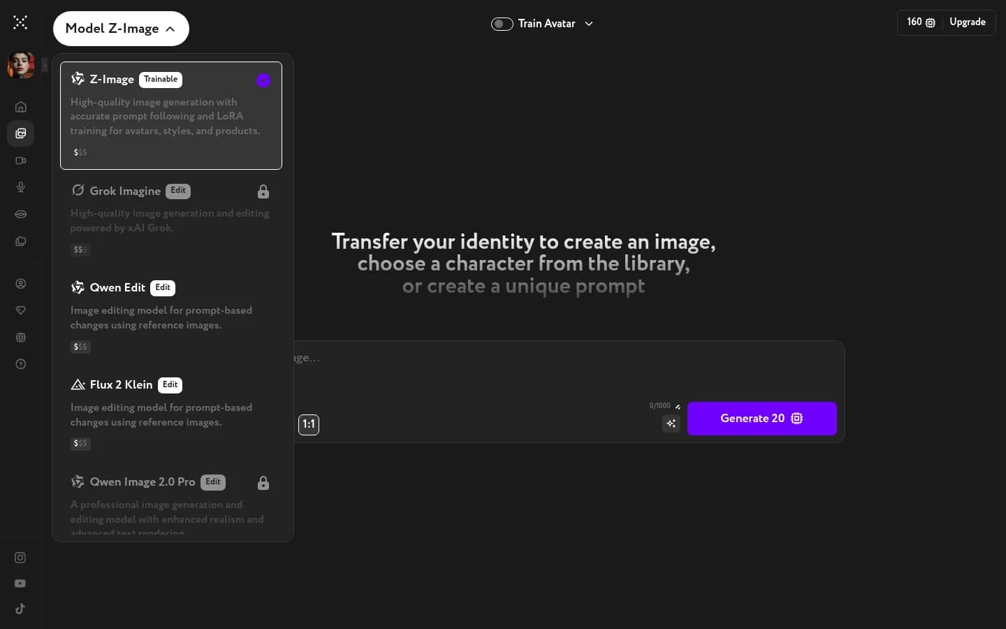 Model selector open — full list of available models