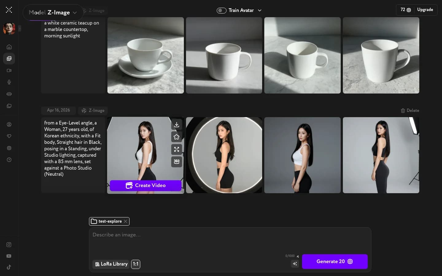 Generated images with hover actions visible — Create Video button and action icons
