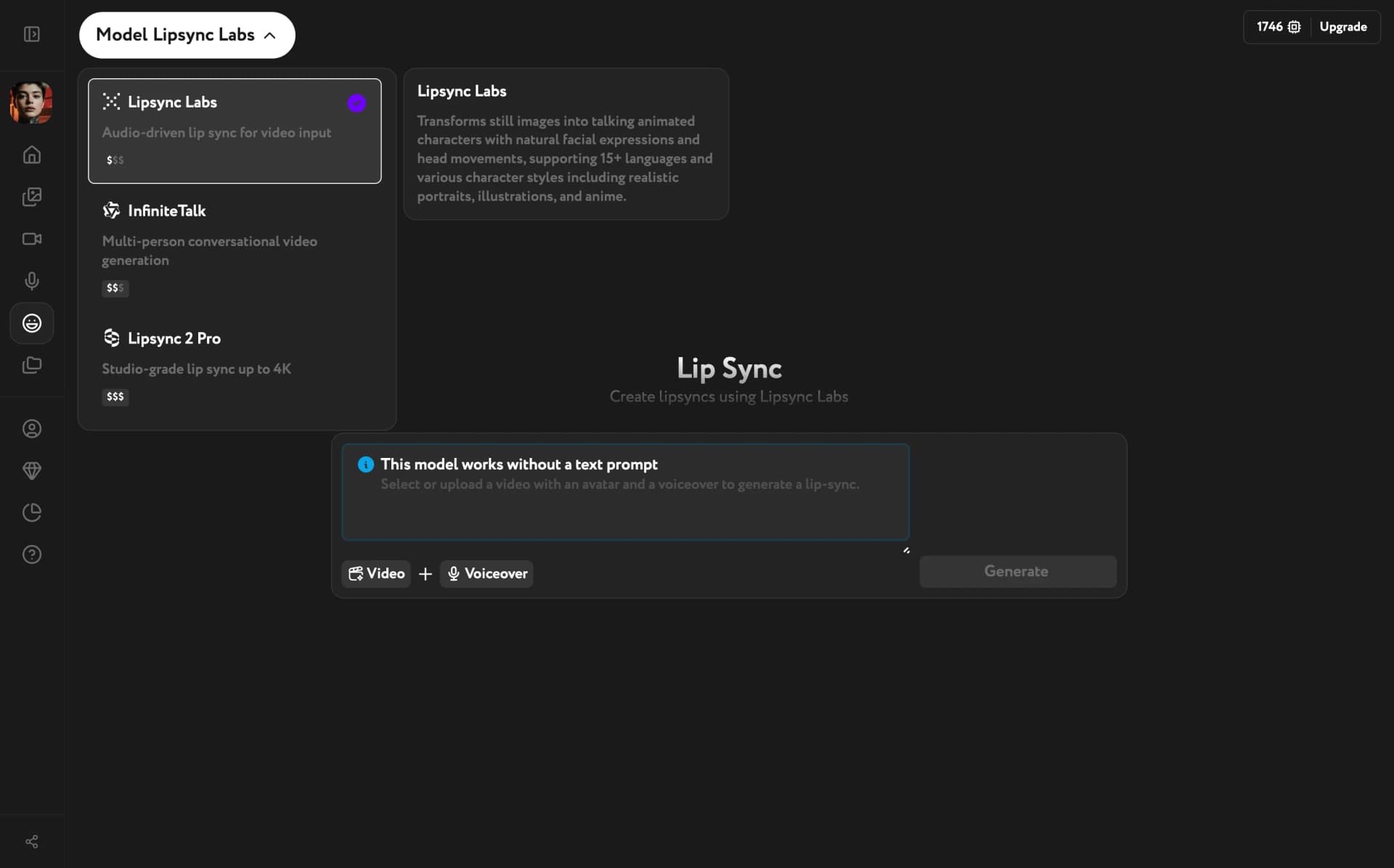 Lipsync main interface with the model selector in the top-left corner