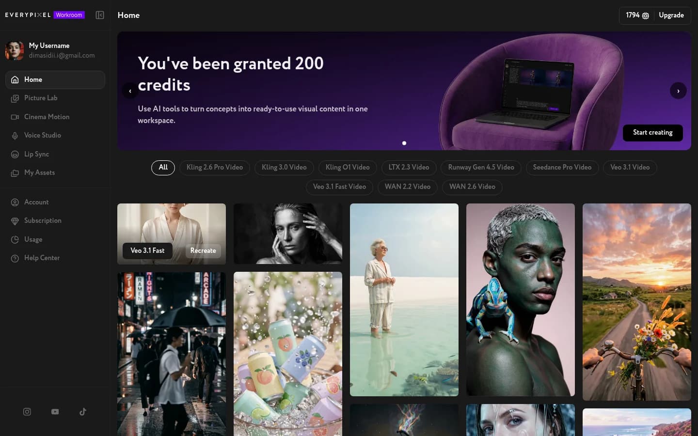 Home feed with a Veo 3.1 Fast preset card on hover — Recreate button visible in the bottom-left of the card