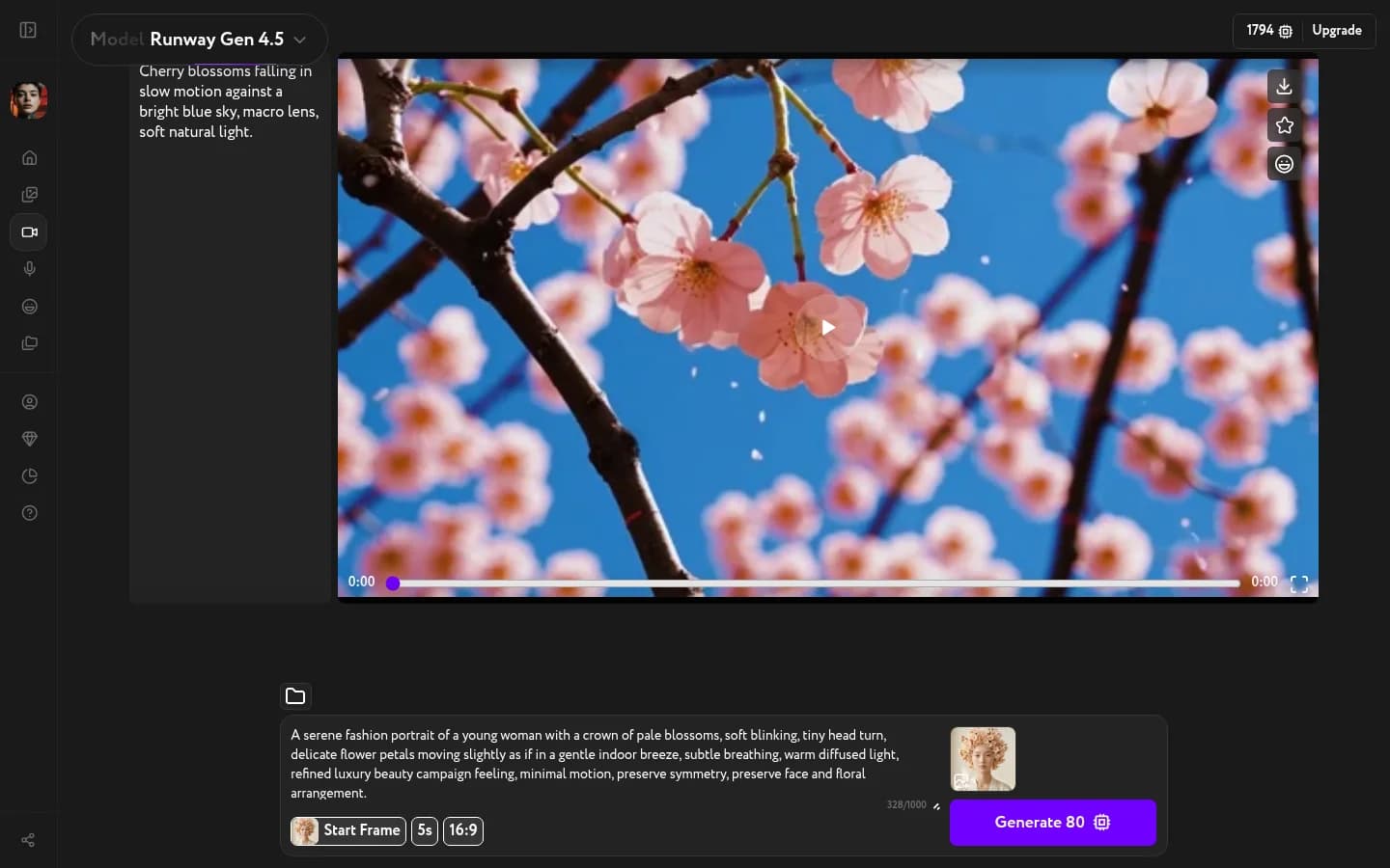Cinema Motion opened from Recreate — Runway Gen 4.5 selected with the preset prompt pre-filled in the textarea