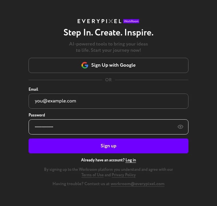 Workroom sign-up form with you@example.com in the email field, a filled password field, and a purple Sign up button