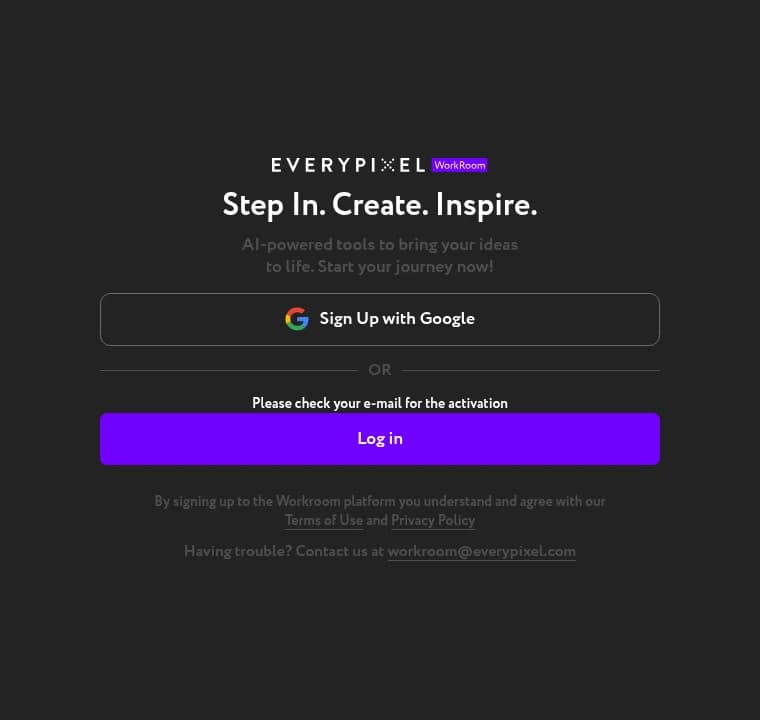 Workroom screen confirming that an activation email has been sent and prompting the user to check their inbox