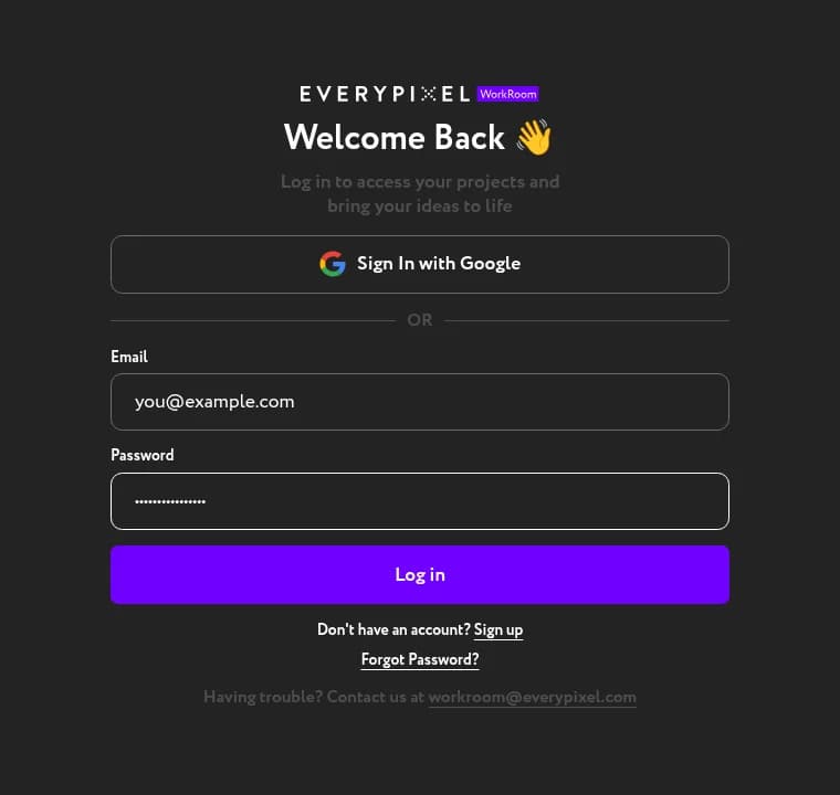 Workroom Welcome Back login screen with you@example.com in the email field, a filled password field, Log in button, and Forgot Password link