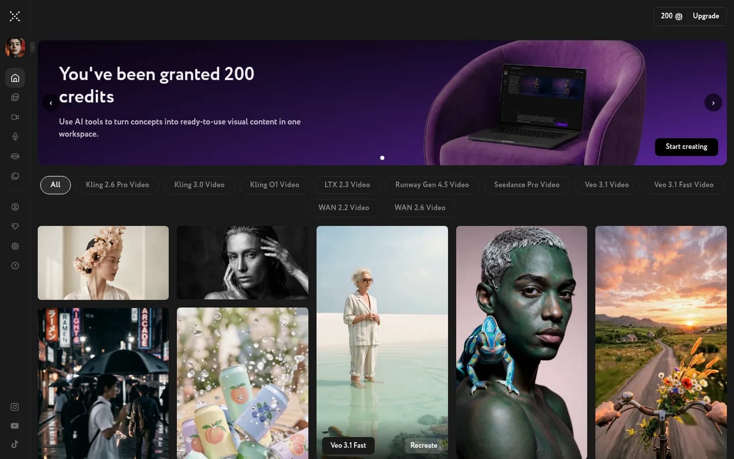 Workroom Home showing the "You've been granted 200 credits" welcome banner and 200 Upgrade visible in the top-right header