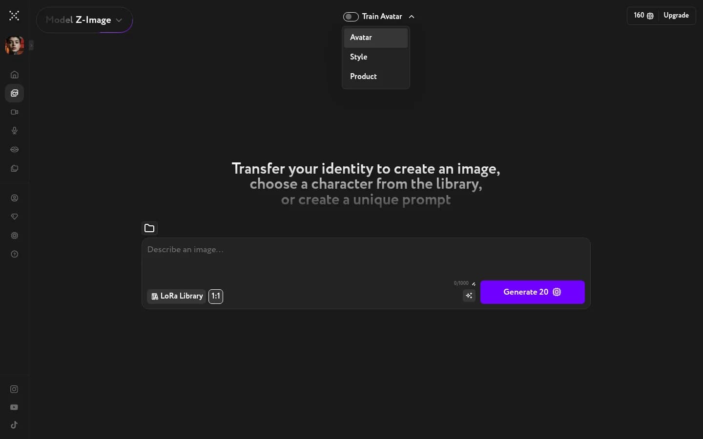 Train Avatar toggle with Avatar / Style / Product dropdown