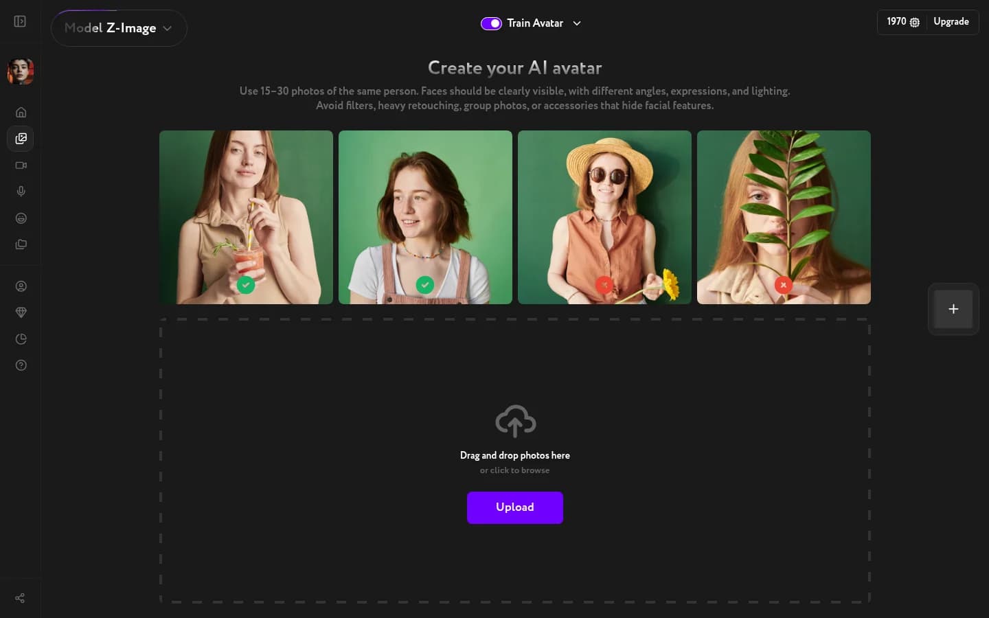 Create Avatar screen with photo examples and upload area