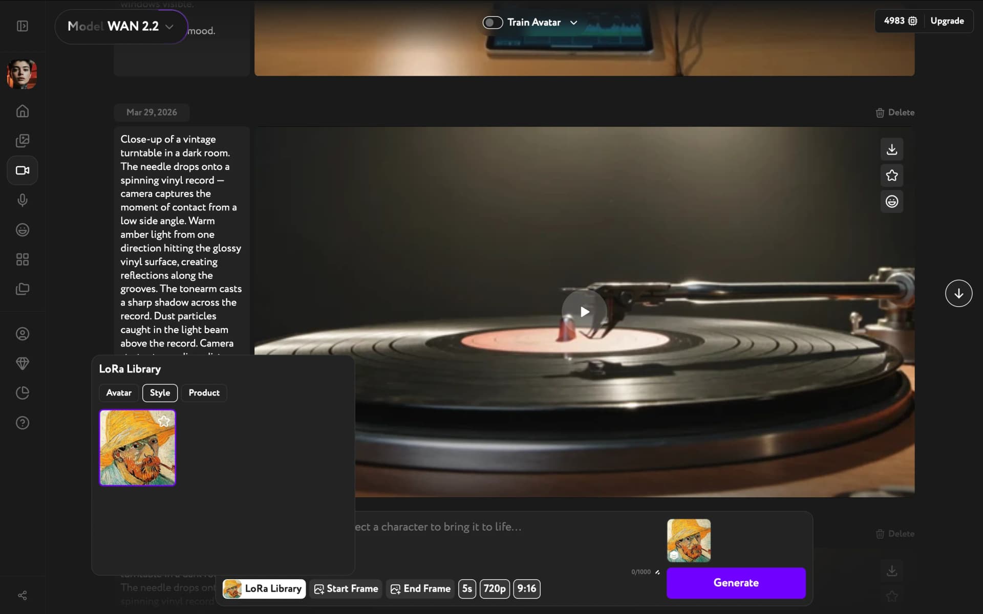 Cinema Motion with WAN 2.2 selected, showing LoRa Library and Start Frame buttons in the control bar and the Train Avatar toggle at the top-right