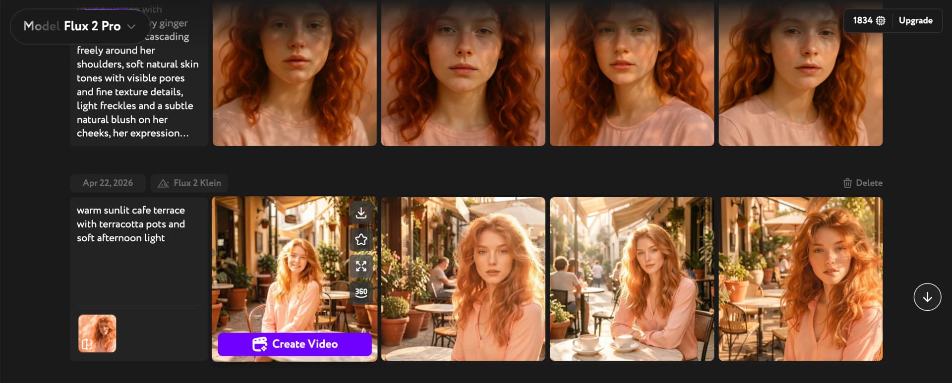Hover actions on a generated image — Upscale icon on the right edge