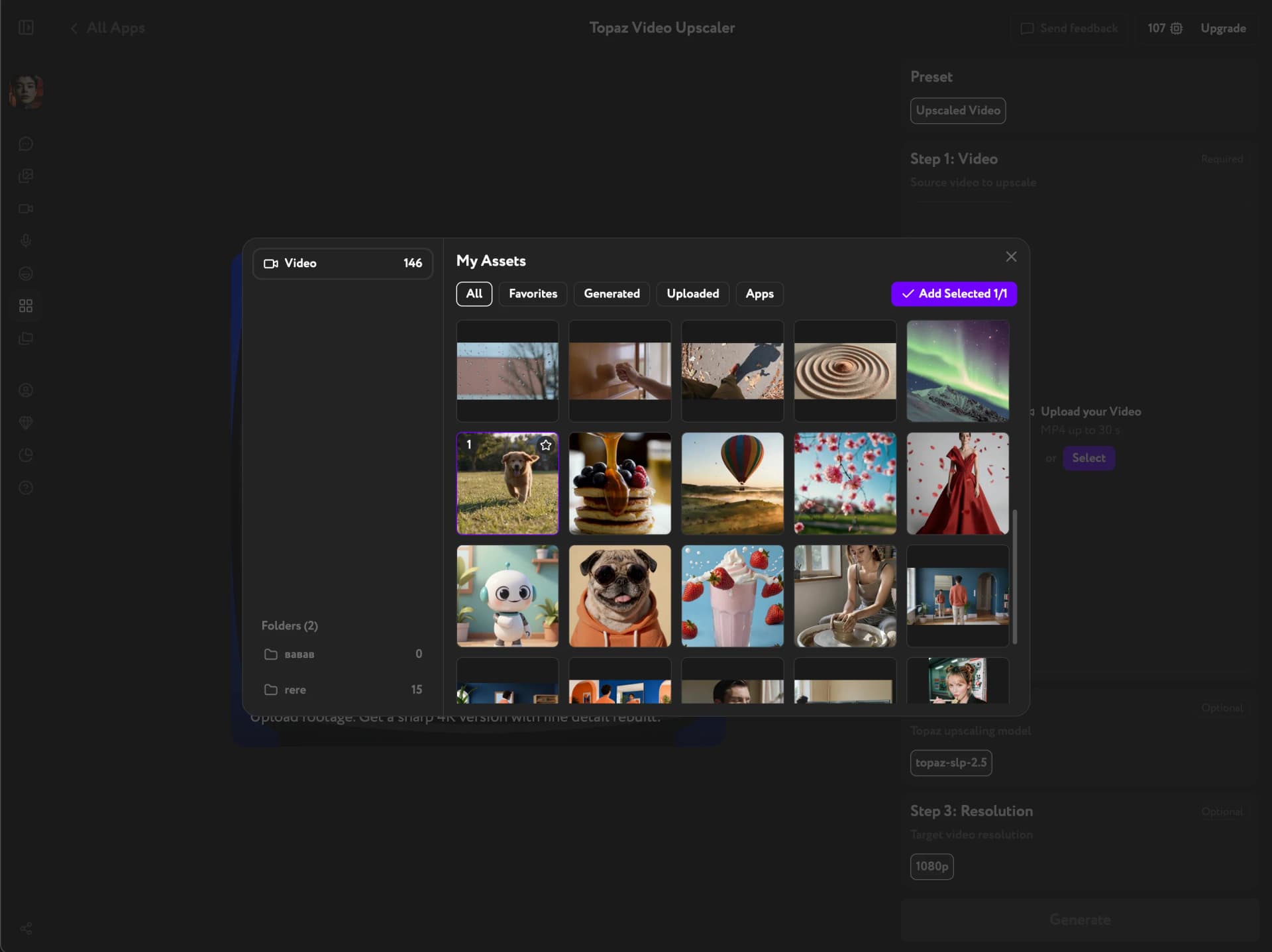 My Assets panel open in Topaz Video Upscaler — selecting a video to upscale