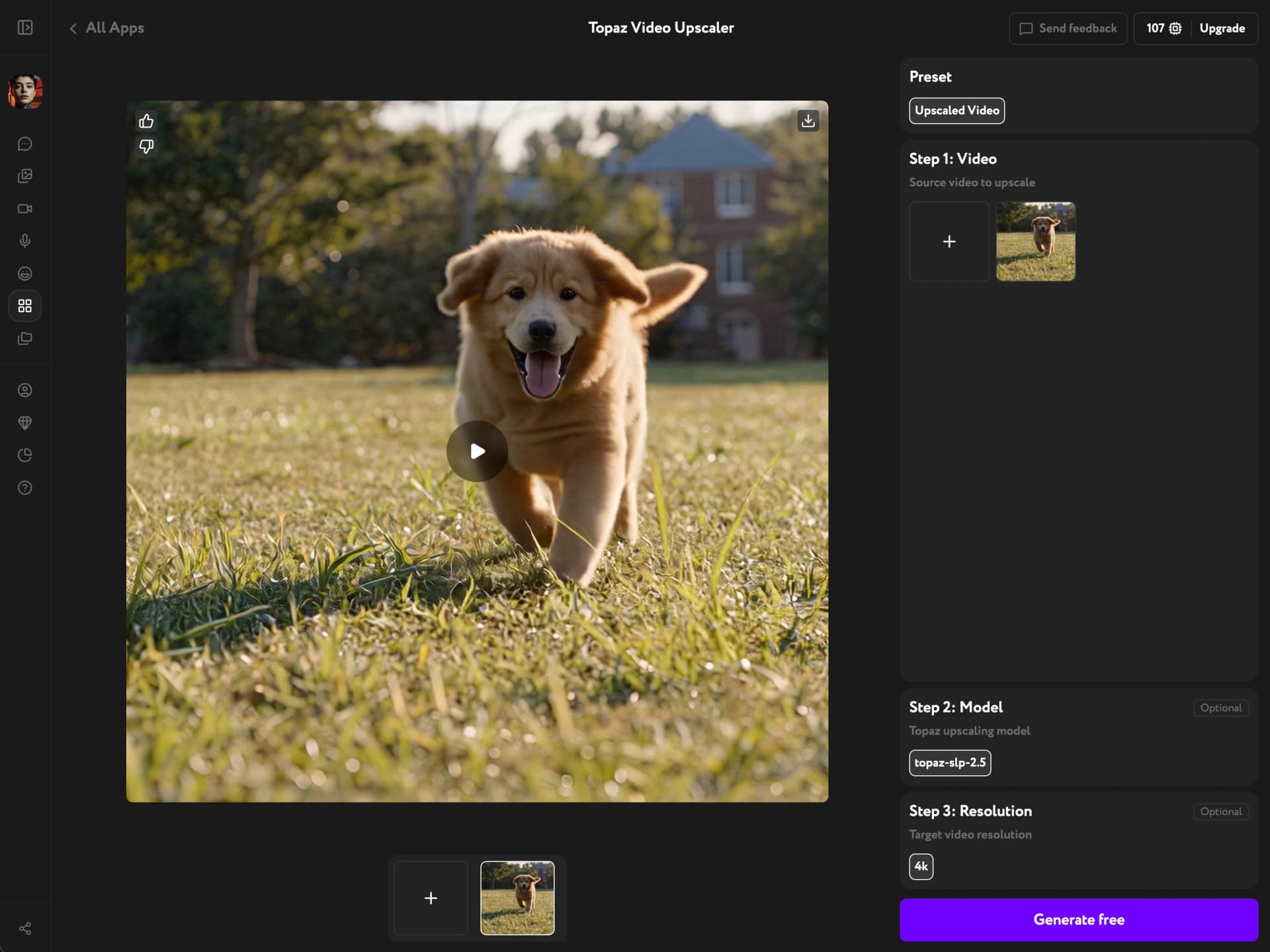 Upscaled result playing in Topaz Video Upscaler, with the Download control visible
