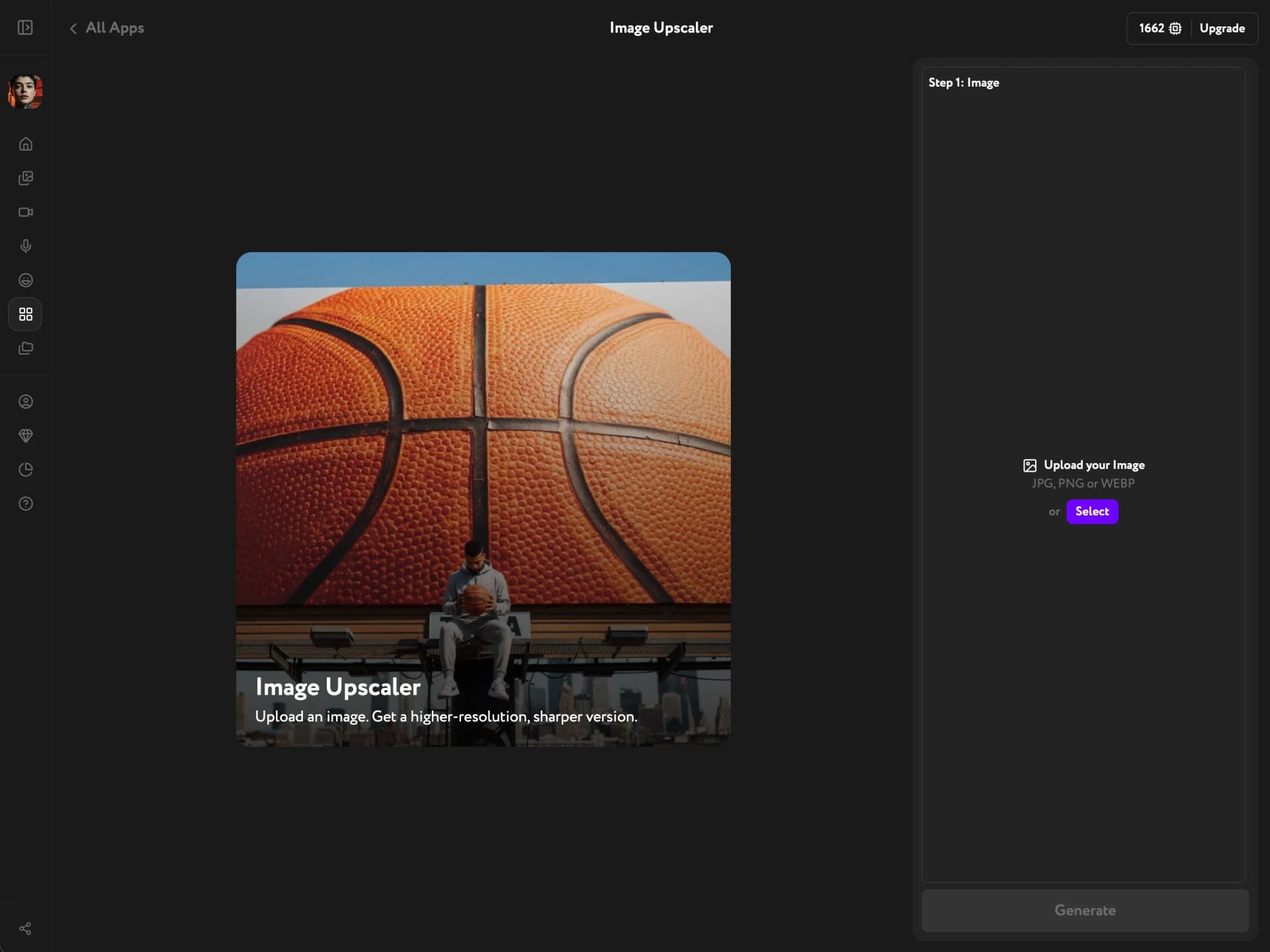 Image Upscaler — initial interface with upload area and disabled Generate button