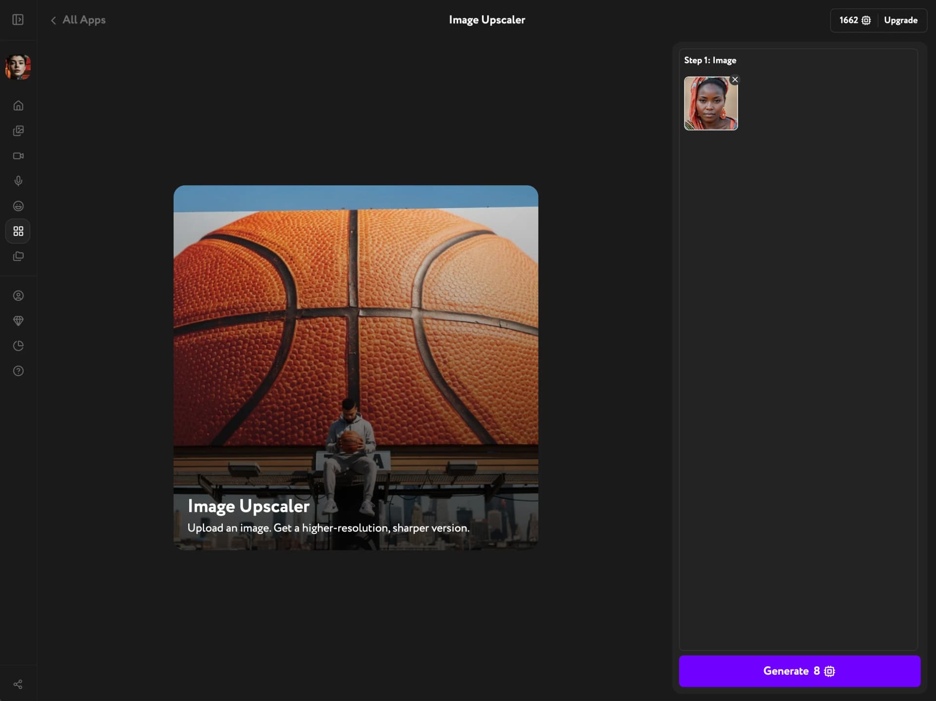 Image Upscaler with image selected and Generate button active