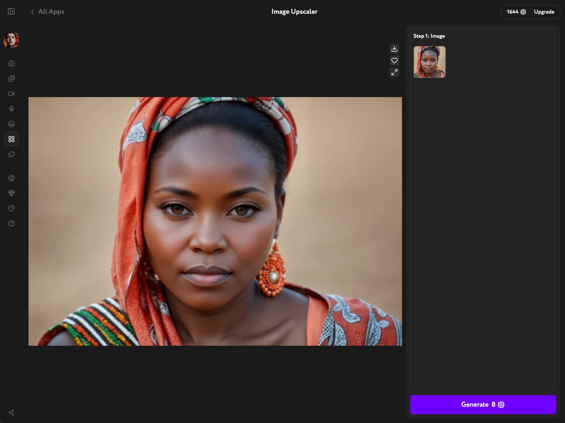 Upscaled image at full resolution — download and save controls visible on the right