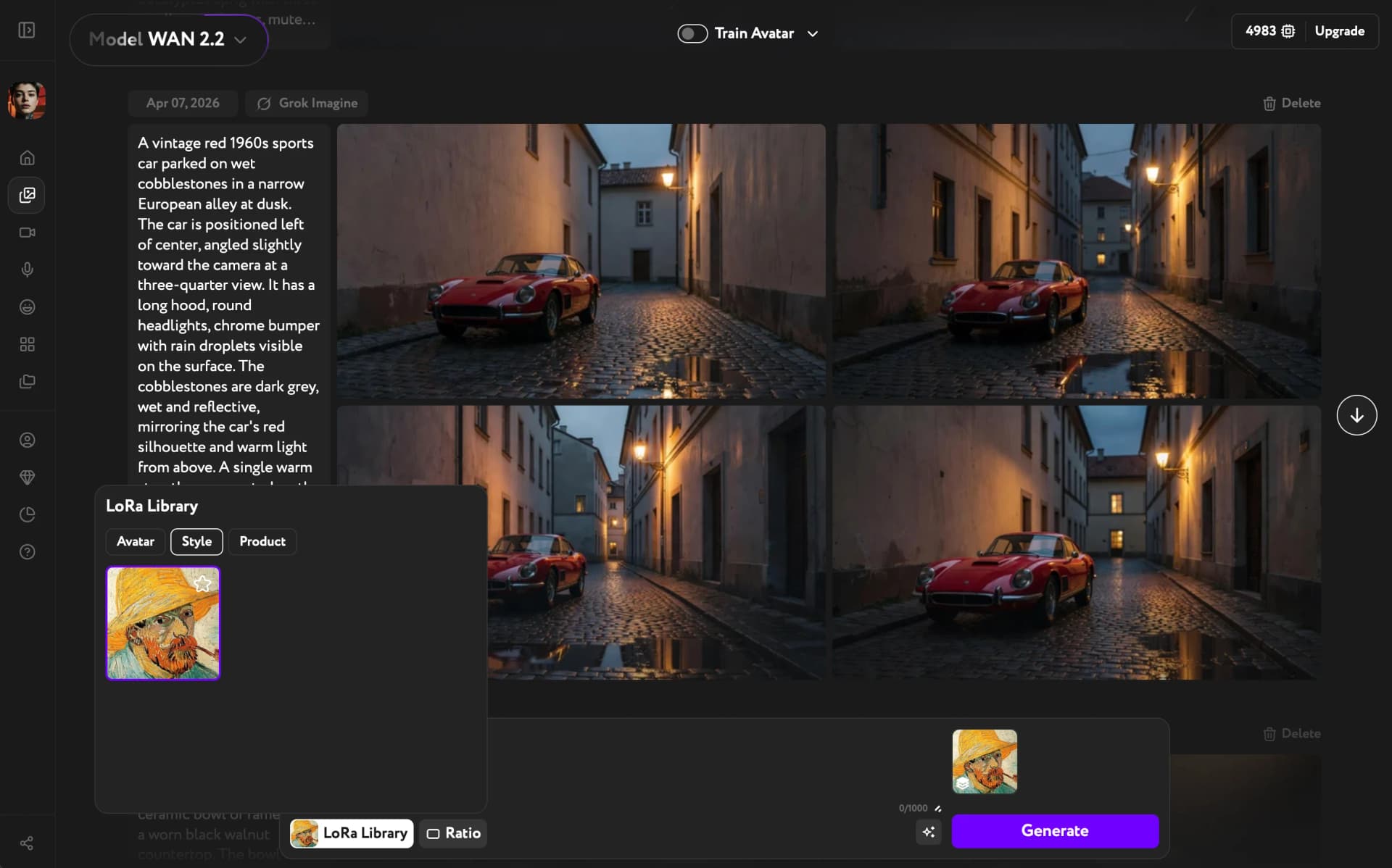 LoRa Library panel with Avatar / Style / Product tabs