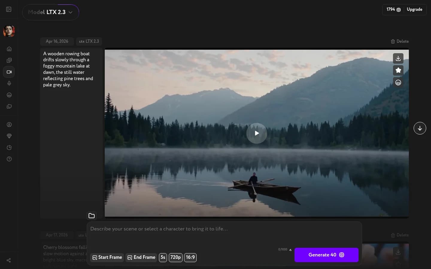Cinema Motion with LTX 2.3 selected — video in the player, empty prompt textarea, and control bar at the bottom with Start Frame, End Frame, 5s, 720p, 16:9, and Generate 40