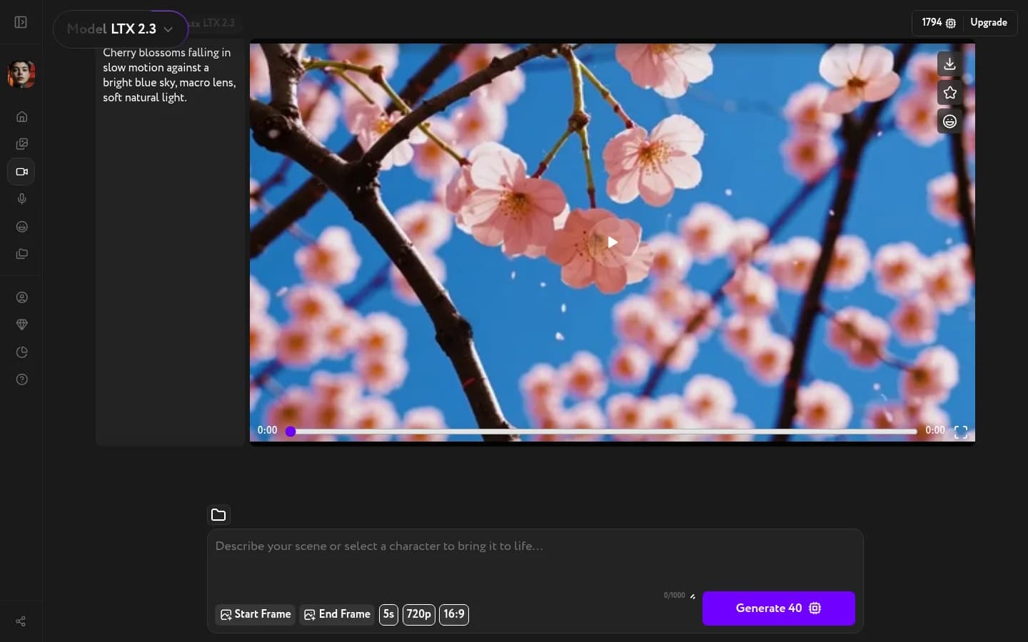 Cinema Motion with a completed cherry blossoms video and three action icons on the right side of the player — Download, Star, and Compose
