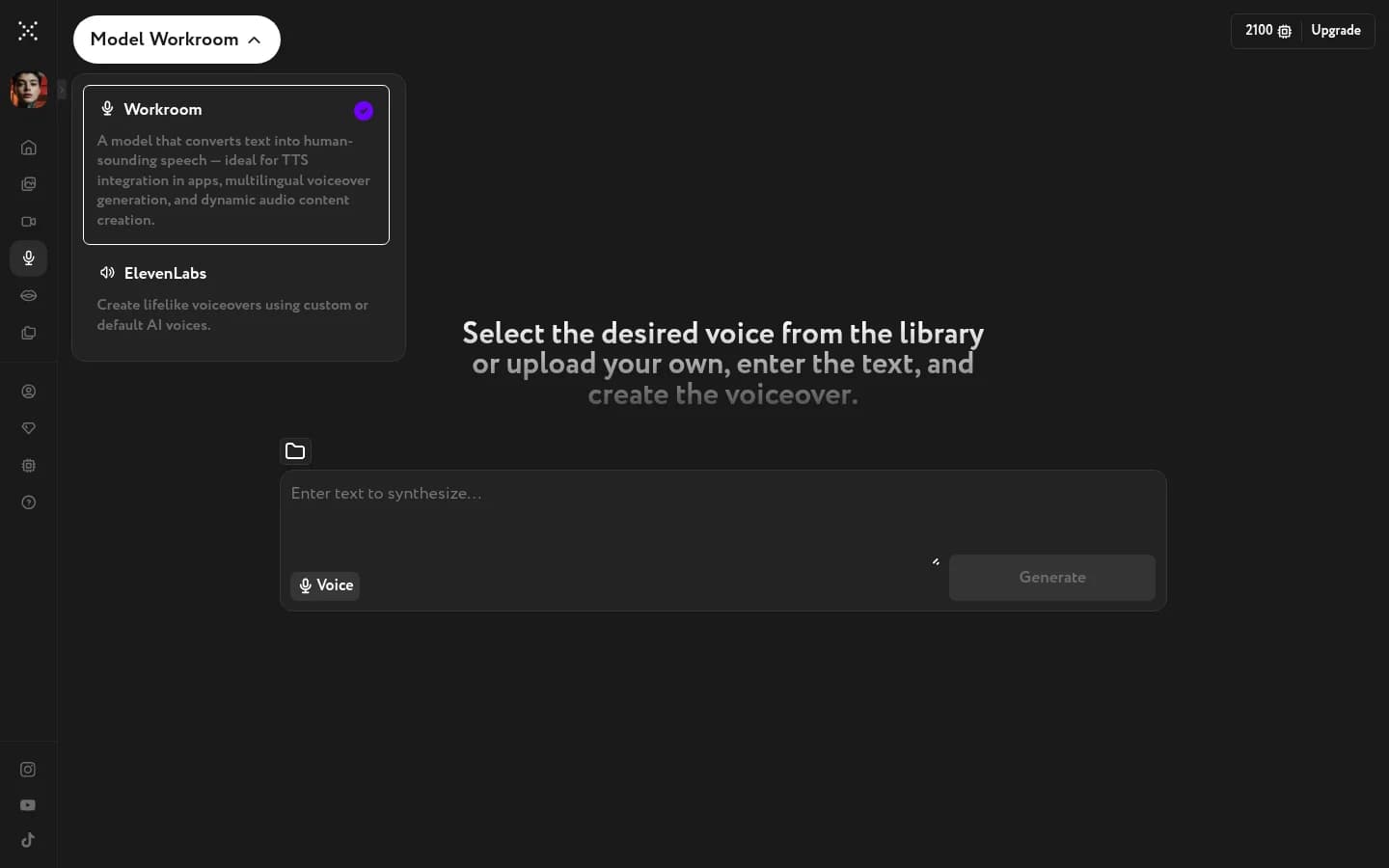 Voice Studio model selector open, showing Workroom selected and ElevenLabs as an alternative option