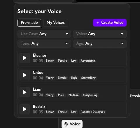 Workroom voice library showing Pre-made voices with age, tone, and use-case filters