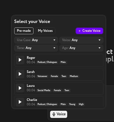 ElevenLabs voice library with voices Roger, Sarah, Laura, and Charlie visible