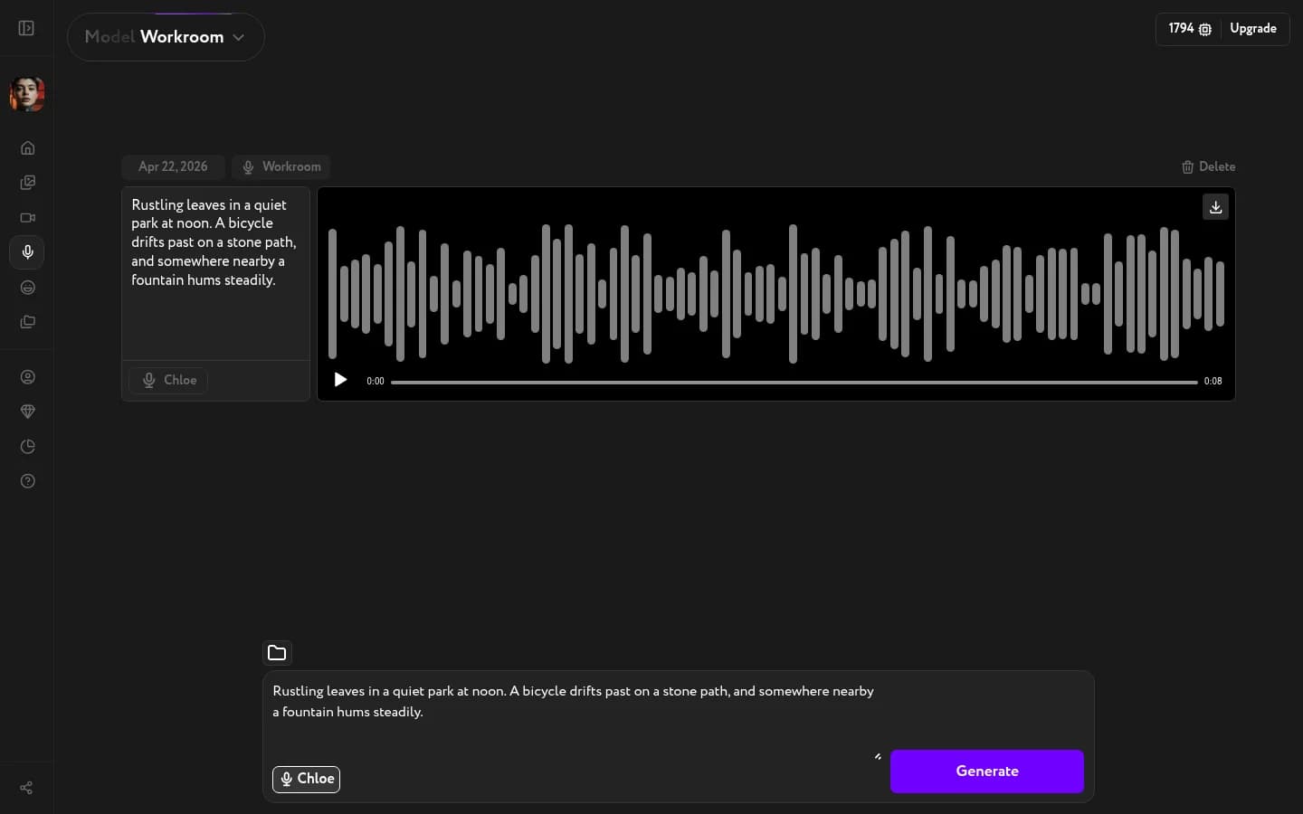 Completed voiceover showing waveform visualization, play button, timeline slider, and generation details